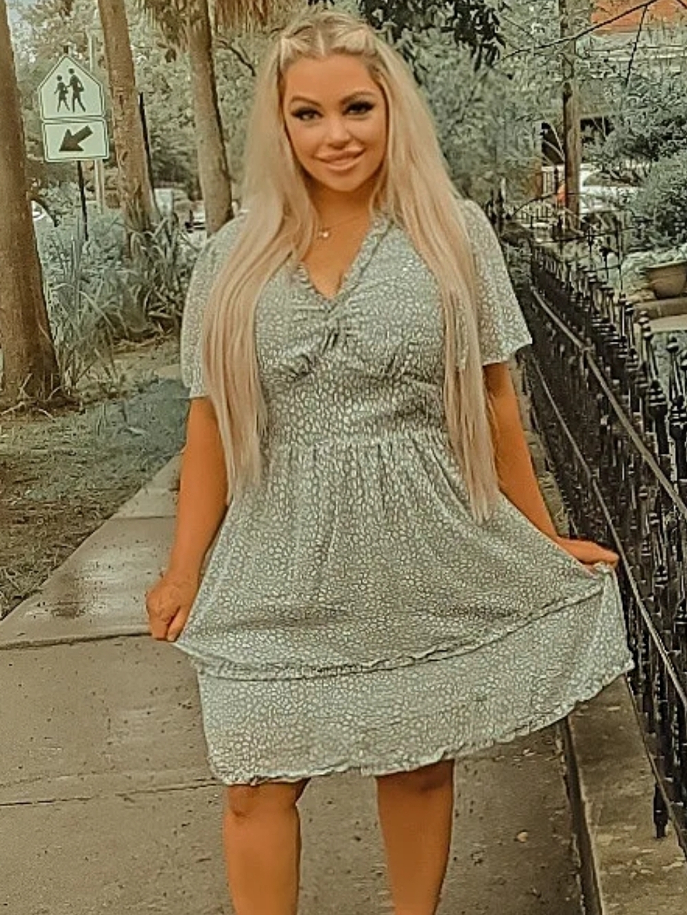 Women’s Sage Green Printed Short Sleeve Dress